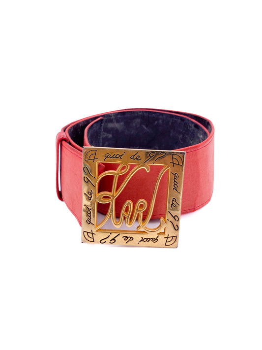 Karl Lagerfeld Red Leather Belt with Gold Name Plate Buckle