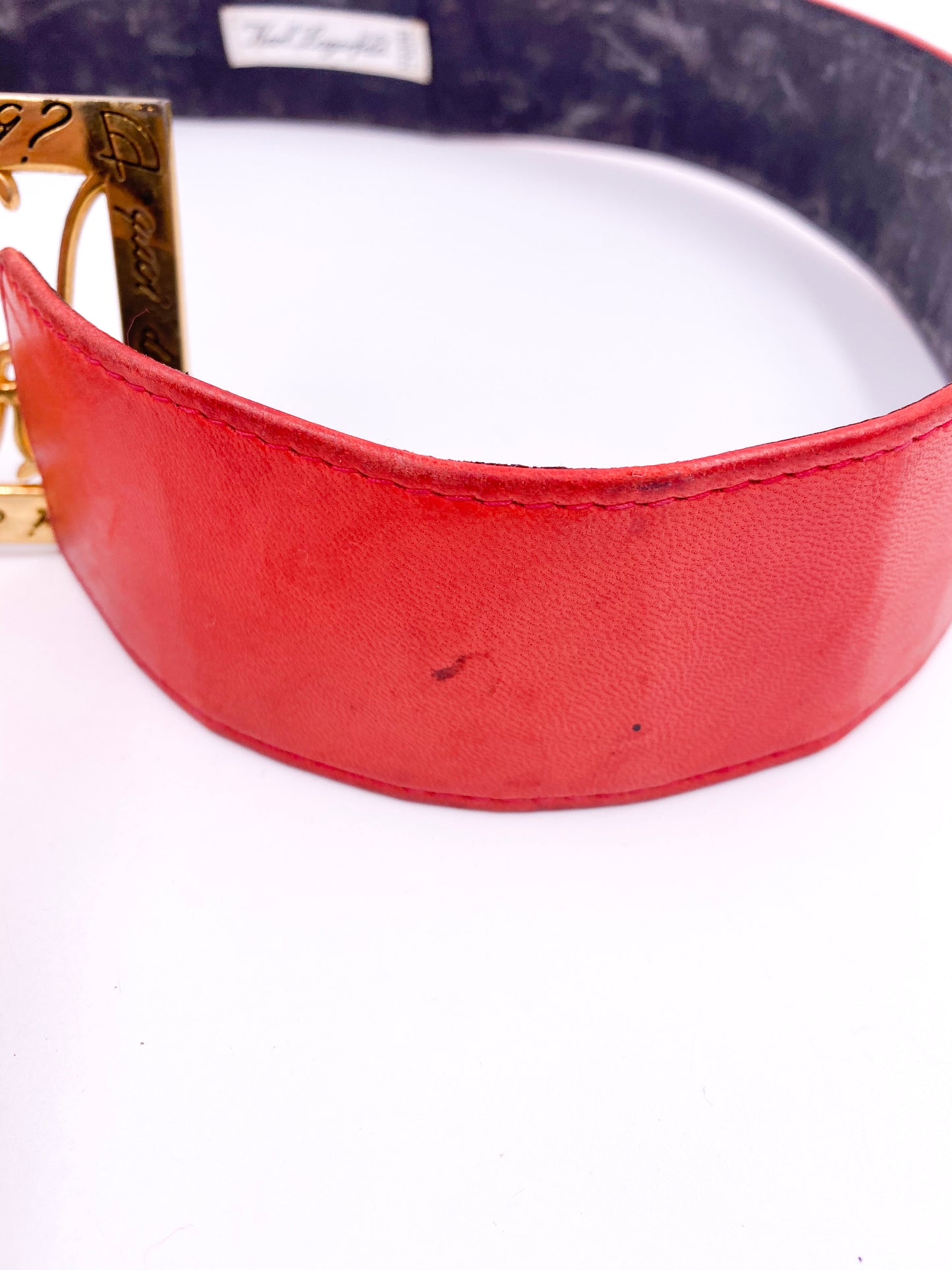 Karl Lagerfeld Red Leather Belt with Gold Name Plate Buckle