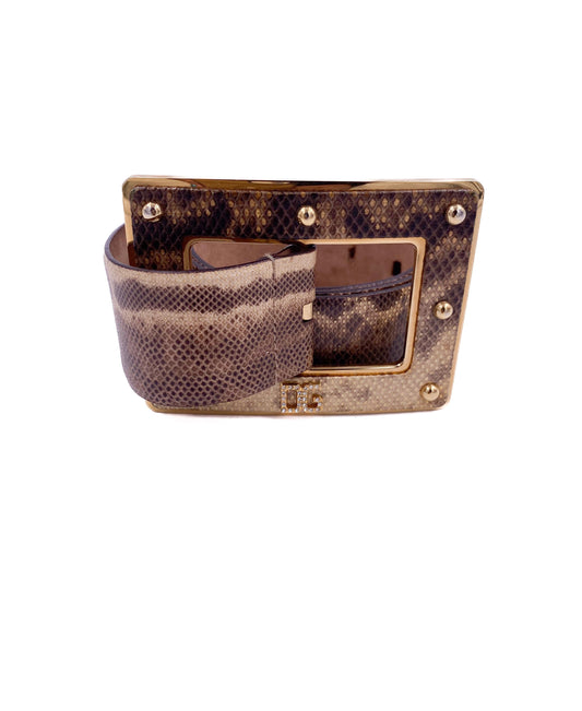 Dolce & Gabbana Snakeskin Leather Belt with Studded Rhinestone Emblem Buckle