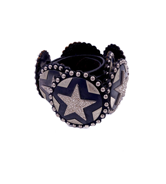Cowboy Decor Black Leather Studded Belt with Silver Rhinestone Stars