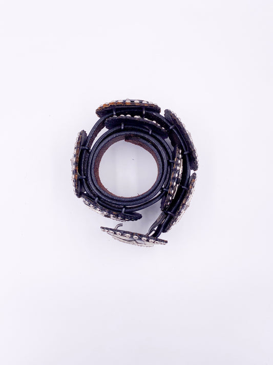 Cowboy Decor Black Leather Studded Belt with Silver Rhinestone Stars