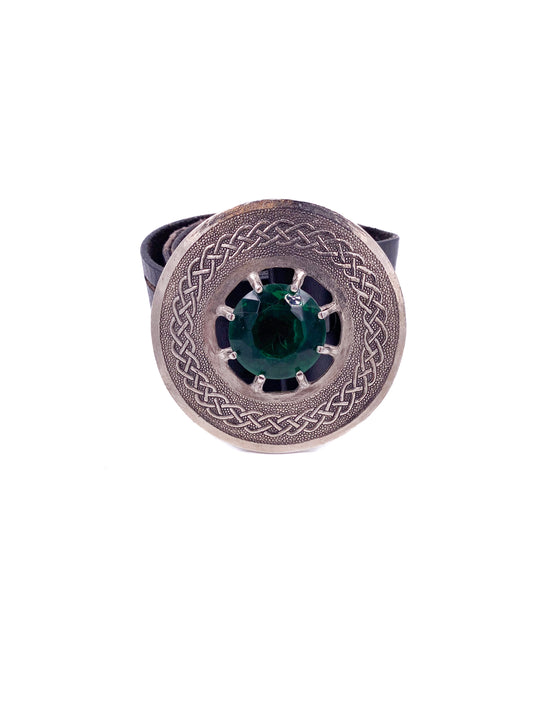 Brown Leather Belt with Silver Circle Buckle & Green Stone