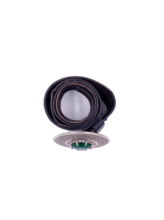 Brown Leather Belt with Silver Circle Buckle & Green Stone