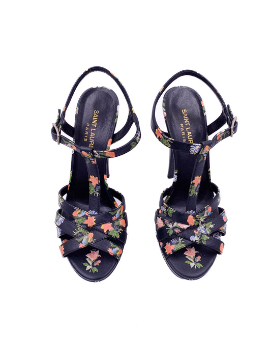 Saint Laurent Navy Floral Open Toe Platform