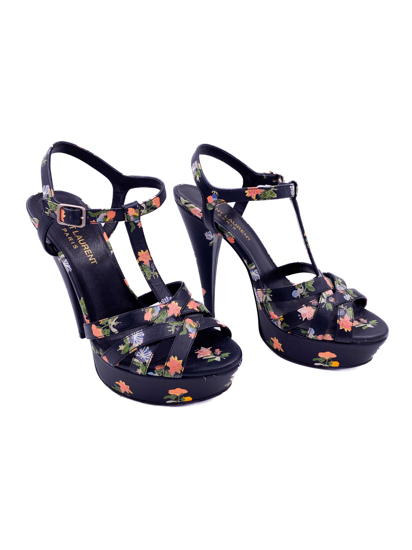 Saint Laurent Navy Floral Open Toe Platform