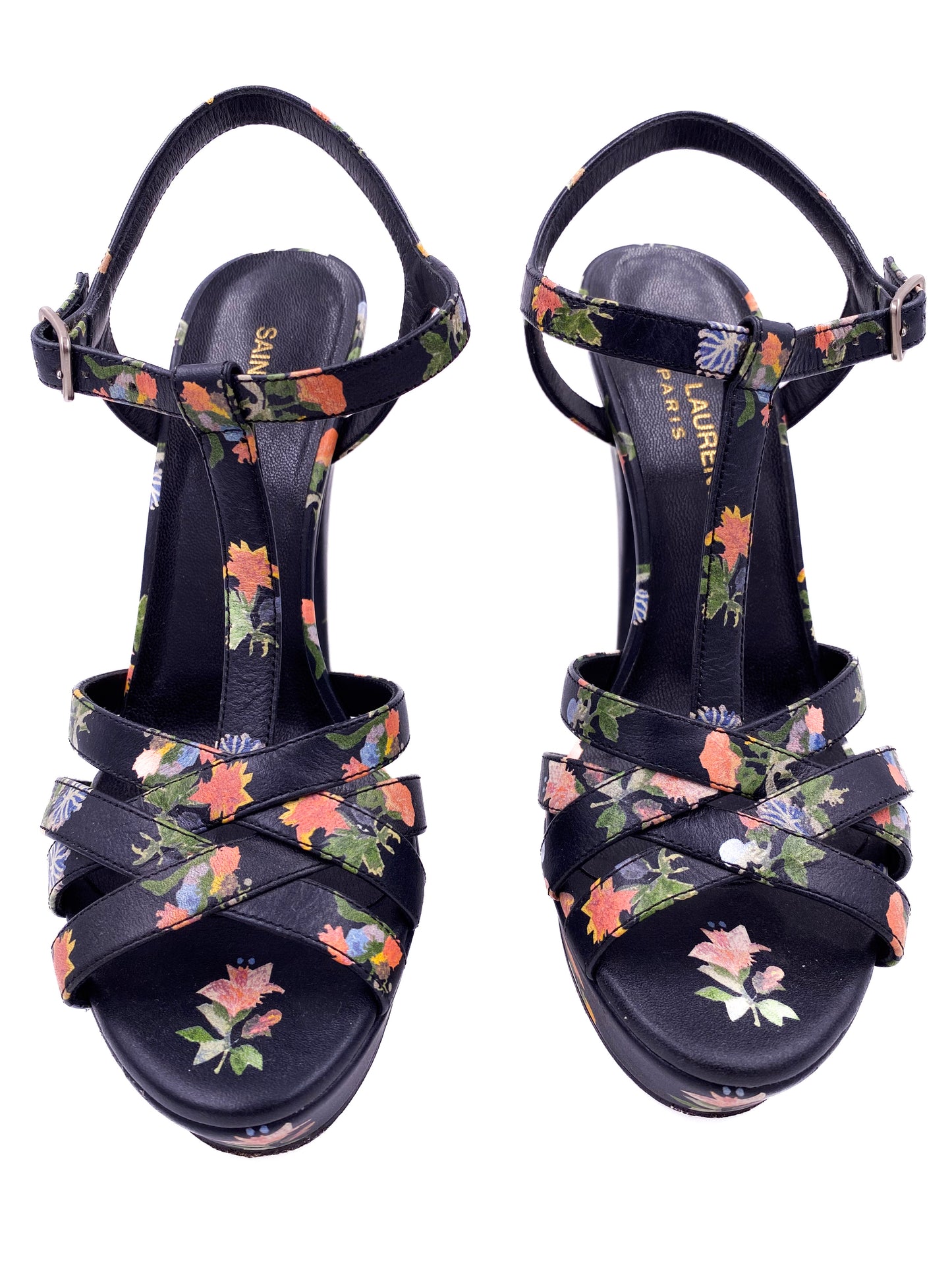 Saint Laurent Navy Floral Open Toe Platform