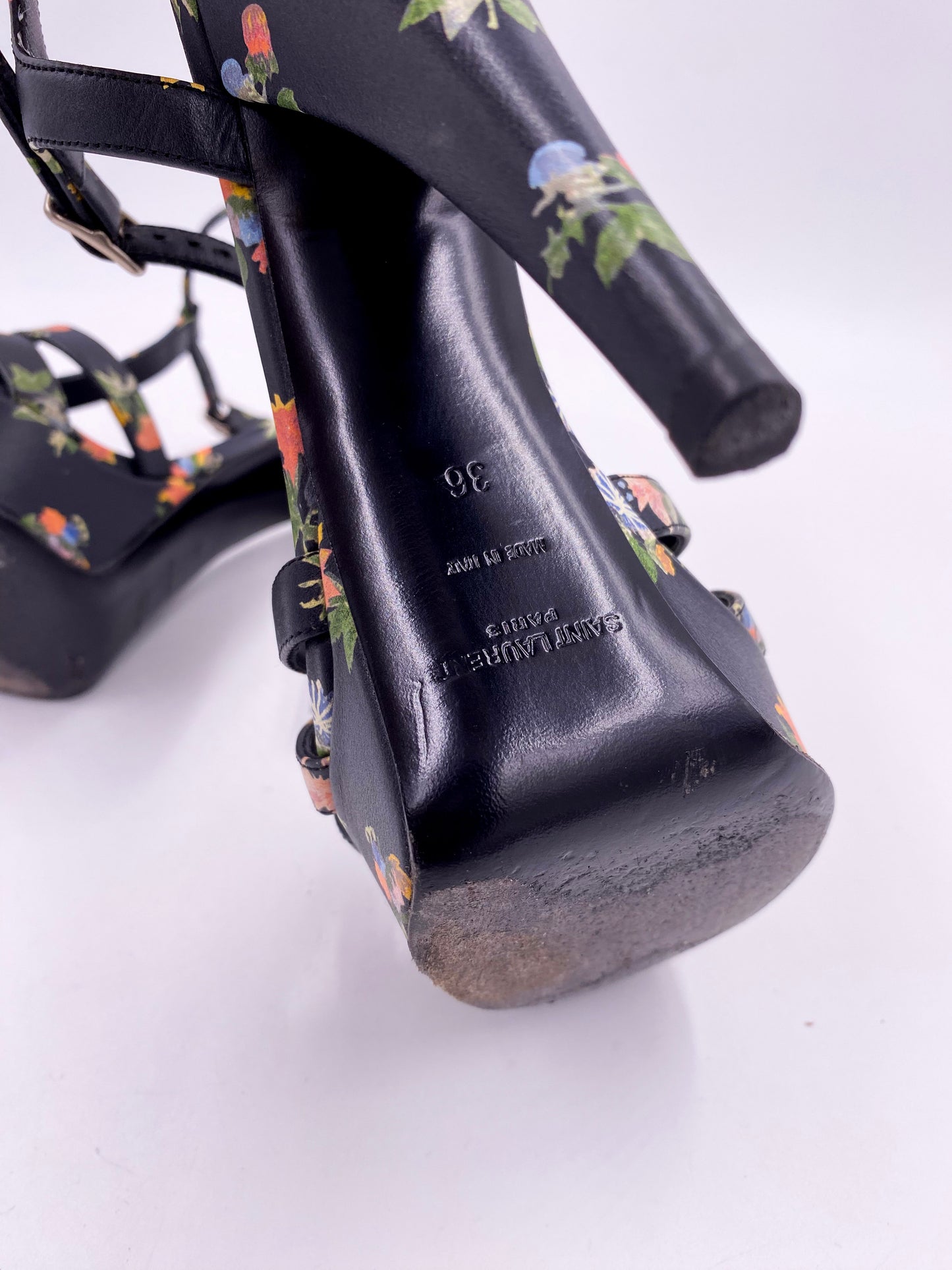 Saint Laurent Navy Floral Open Toe Platform