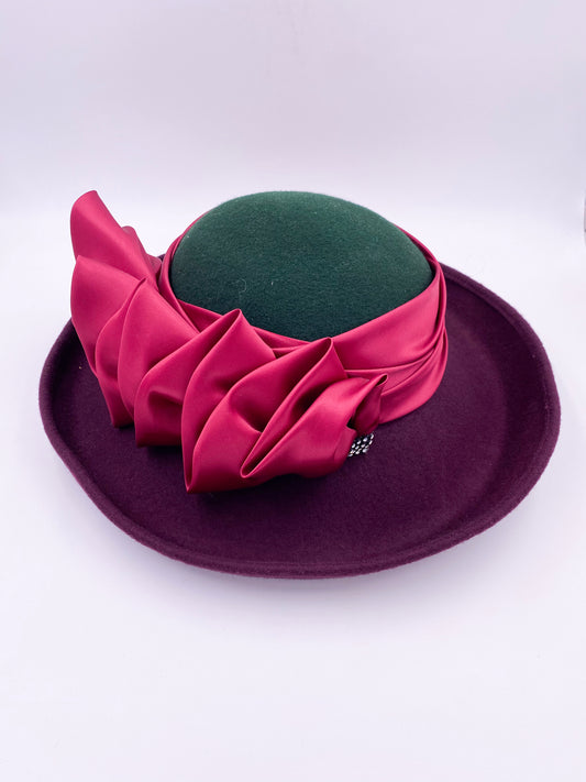 Vintage Burgundy and Green Wool Hat with Pink Satin Ribbon
