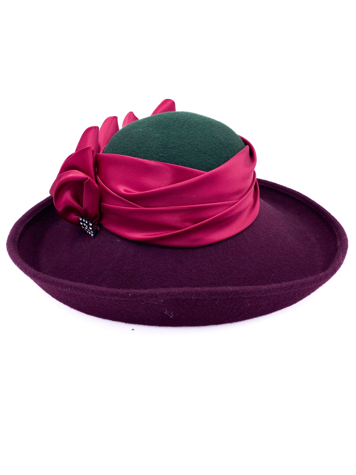 Vintage Burgundy and Green Wool Hat with Pink Satin Ribbon