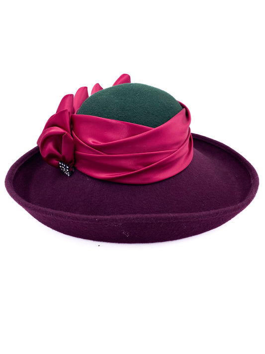 Vintage Burgundy and Green Wool Hat with Pink Satin Ribbon