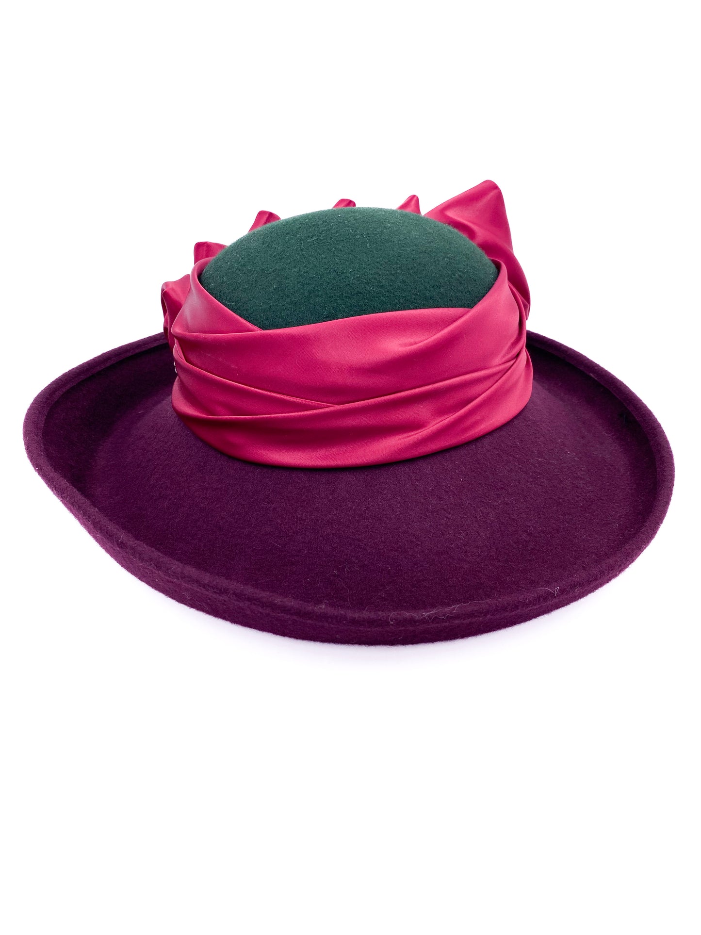 Vintage Burgundy and Green Wool Hat with Pink Satin Ribbon