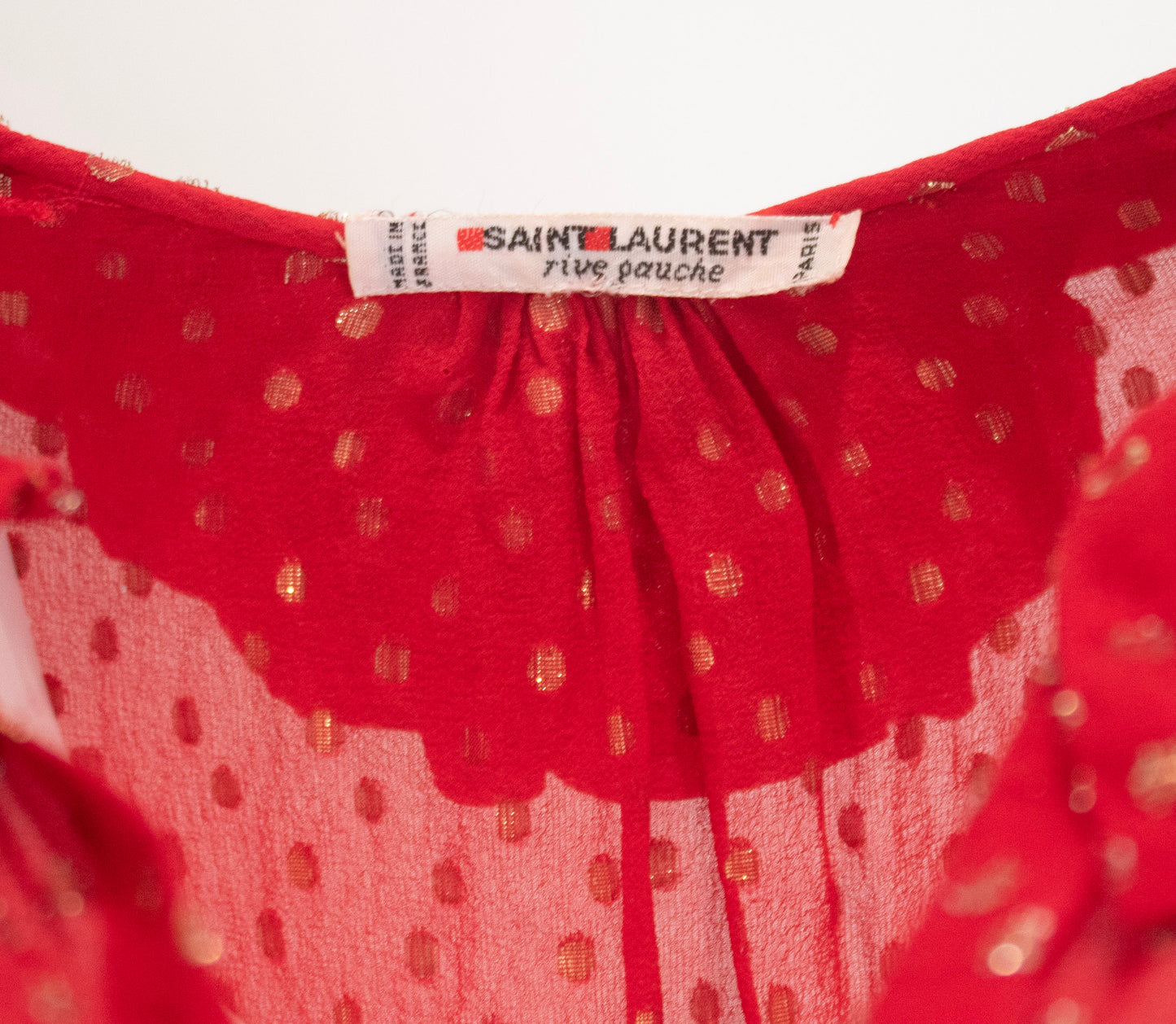 Yves Saint Laurent Rive Gauche Vintage Red Dotted Swiss Ruffle Collar Silk Blouse