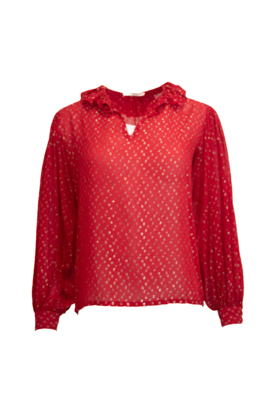 Yves Saint Laurent Rive Gauche Vintage Red Dotted Swiss Ruffle Collar Silk Blouse