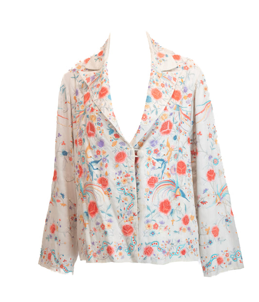 Cream 1940's Floral Embroidered Silk Blazer