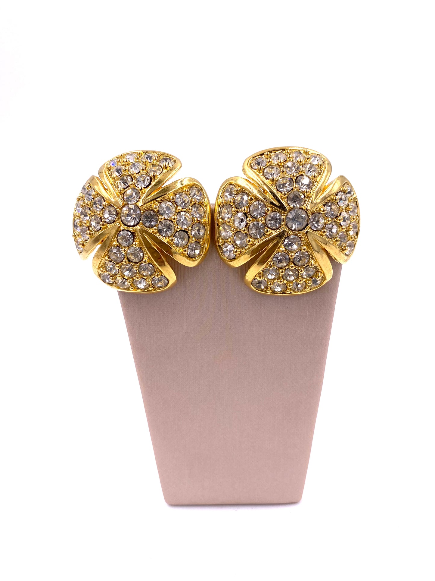 Large Gold Clover Rhinestone Clip Earrings