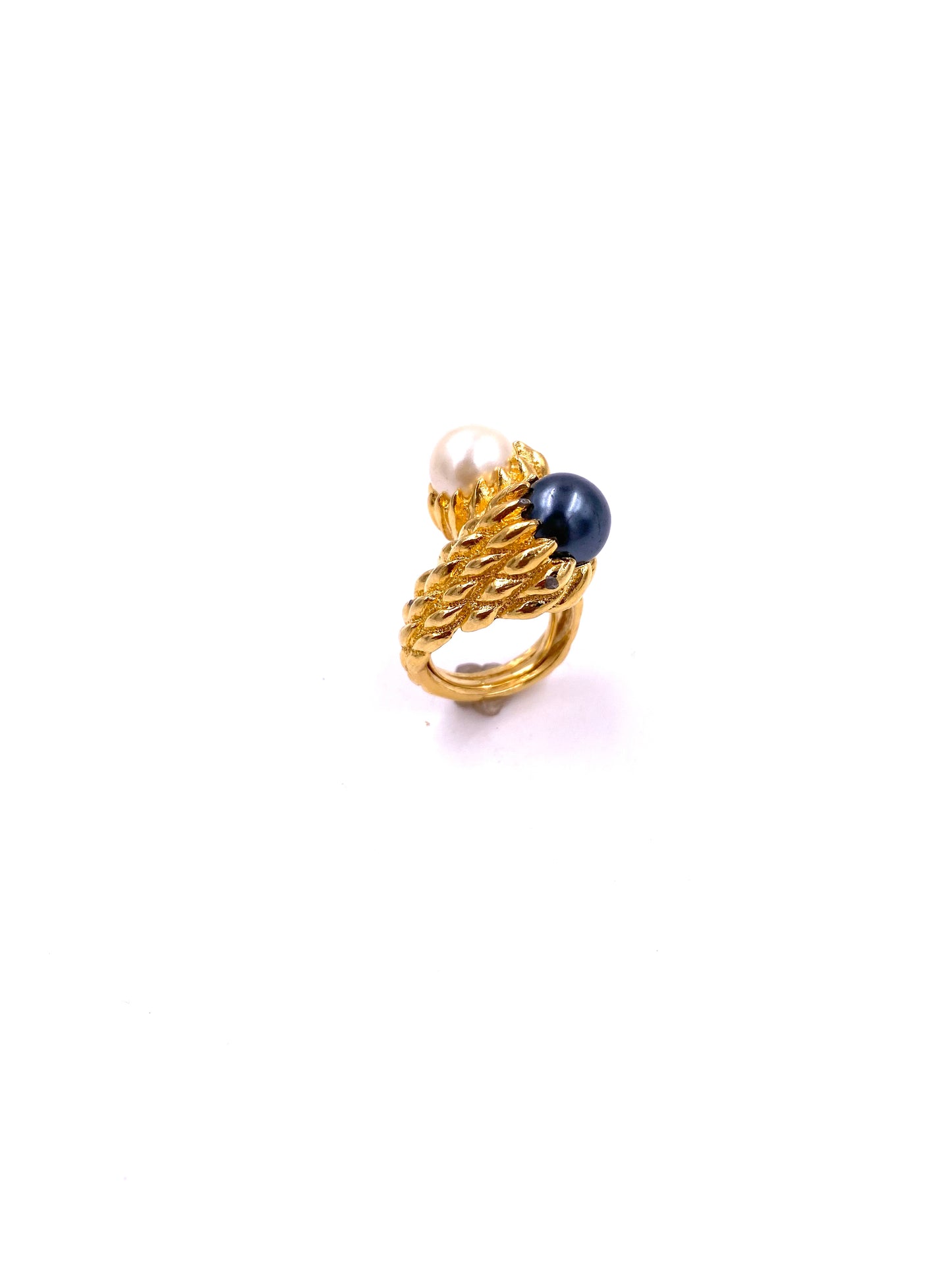Trifari Gold Textured Two-Toned Pearl Cocktail Ring