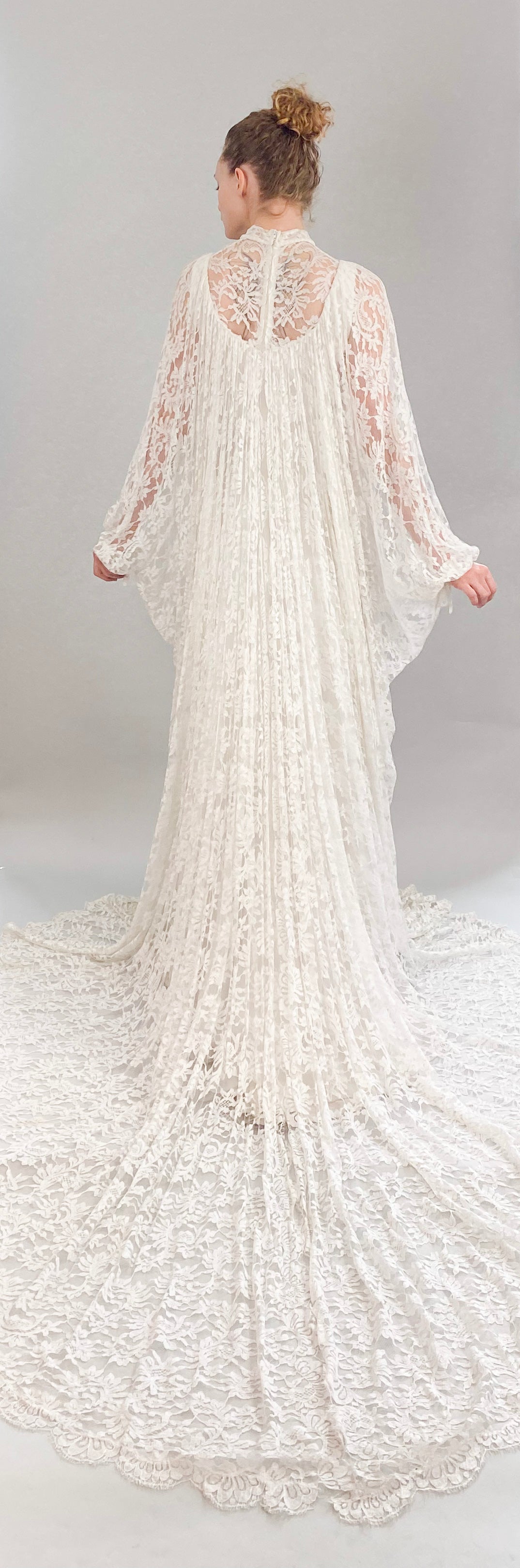 Vintage White Lace Bridal Gown with Batwing Sleeves & Train