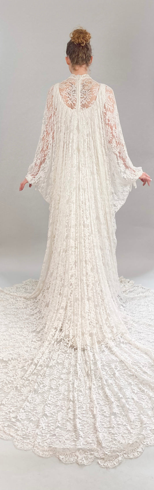 Vintage White Lace Bridal Gown with Batwing Sleeves & Train back view