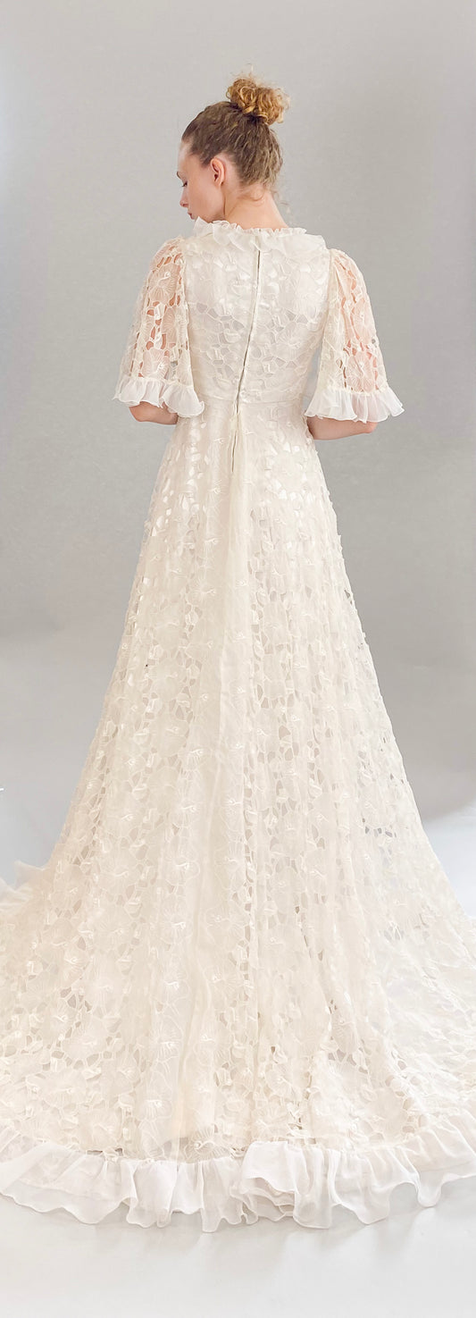 White Lace Silk Ruffle S/S High Low Wedding Gown