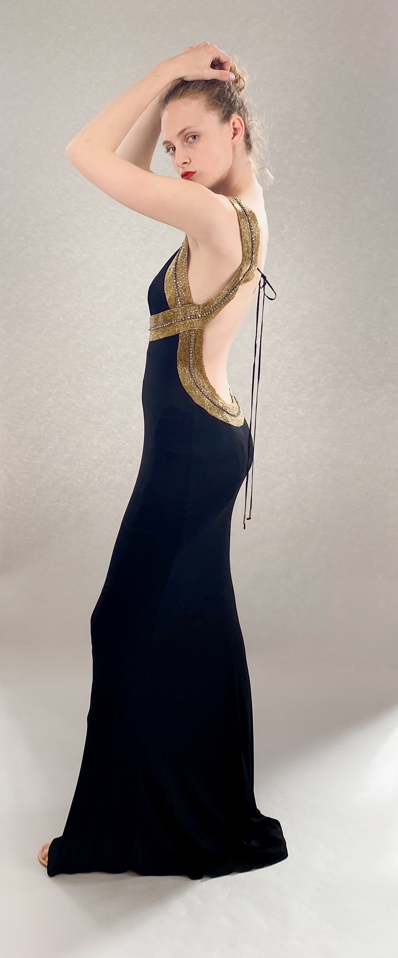 Roberto Cavalli Black Jersey Dress W Open Gold Beaded Back Roberto Cavalli Black Jersey Dress W Open Gold Beaded Back