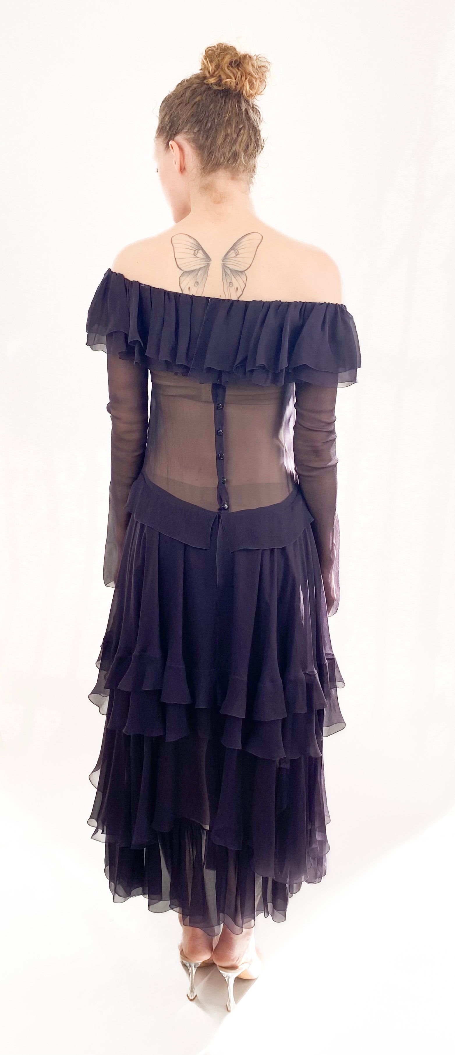 Chanel F/W 2003 Plum Silk Off the Shoulder Ruffle Dropped Waist Dress The Kit Vintage Chanel F/W 2003 Plum Silk Off the Shoulder Ruffle Dropped Waist Dress The Kit Vintage