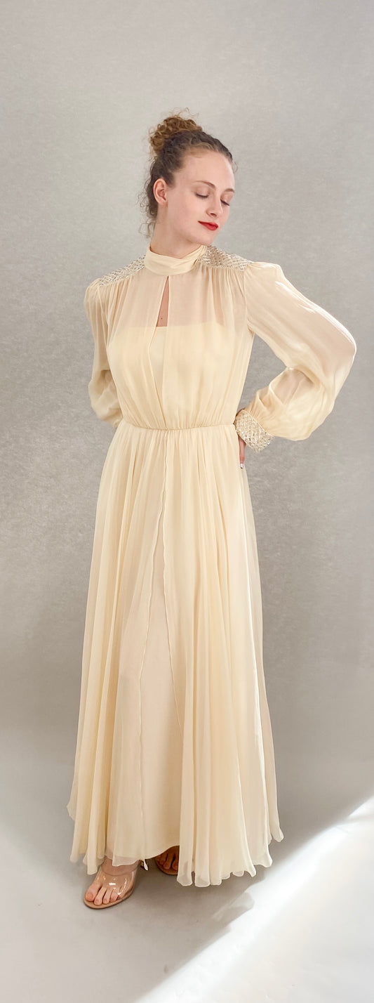 Vintage Jean Louis Ivory Silk Chiffon Beaded Shoulder Dress front view