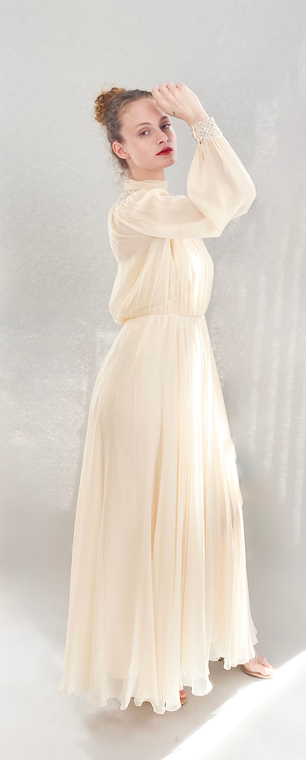 Vintage Jean Louis Ivory Silk Chiffon Beaded Shoulder Dress side view