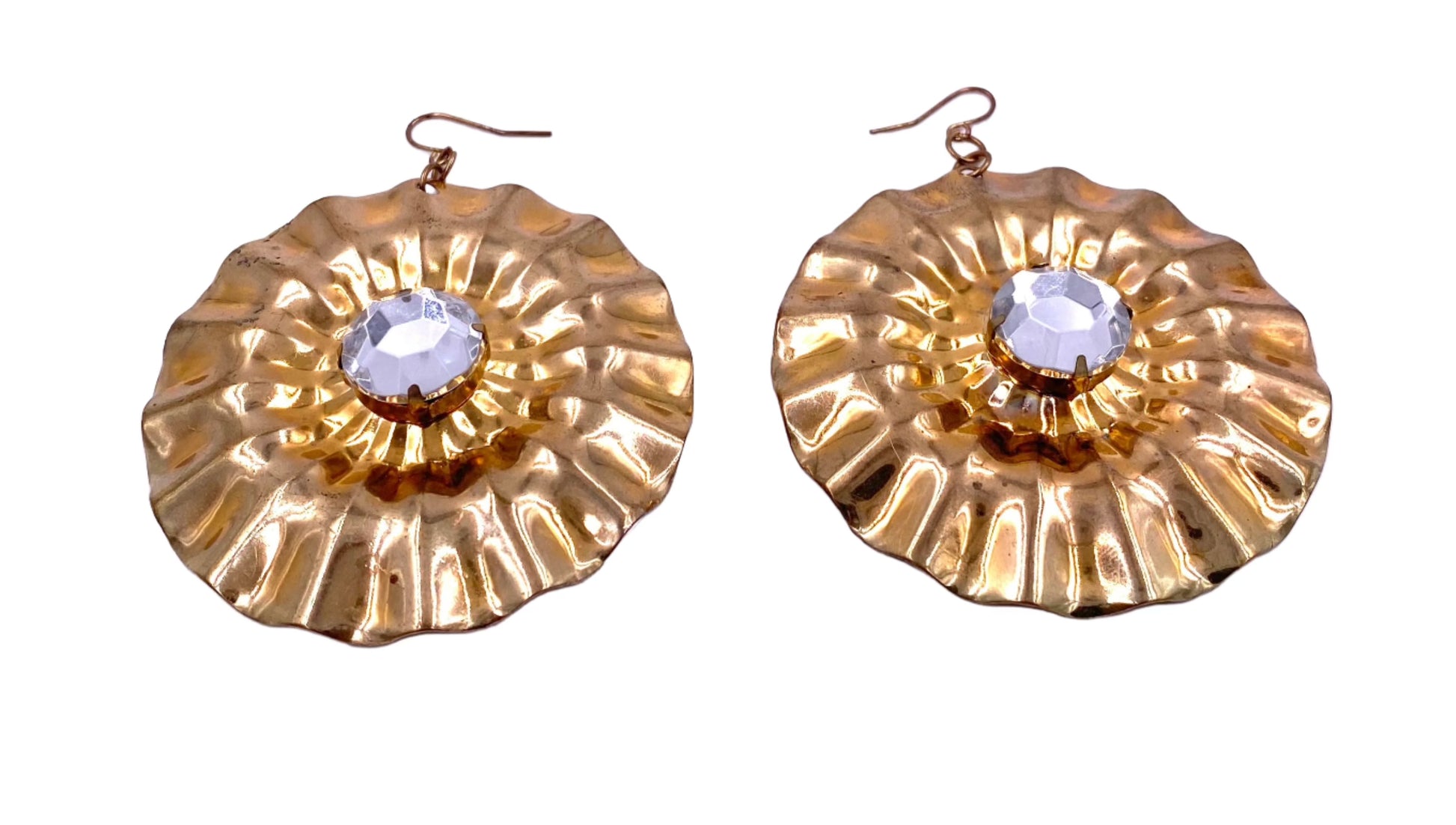 Vintage Large Round Gold Earrings with Large Center Crystal