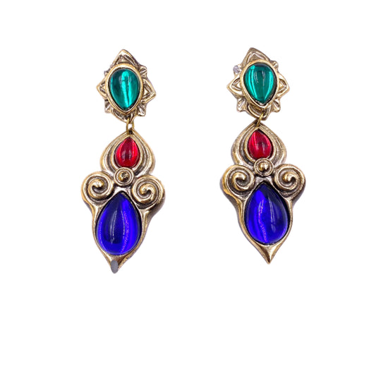 Vintage Gold Drop Clip On Earrings with Green Red Blue Stones