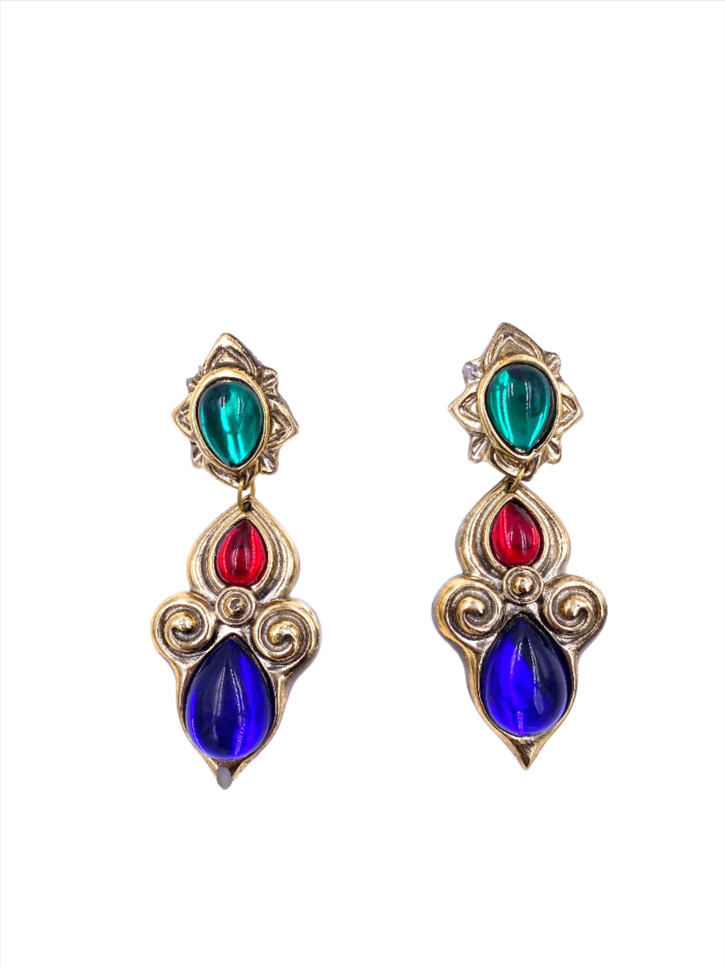 Vintage Gold Drop Clip On Earrings with Green Red Blue Stones