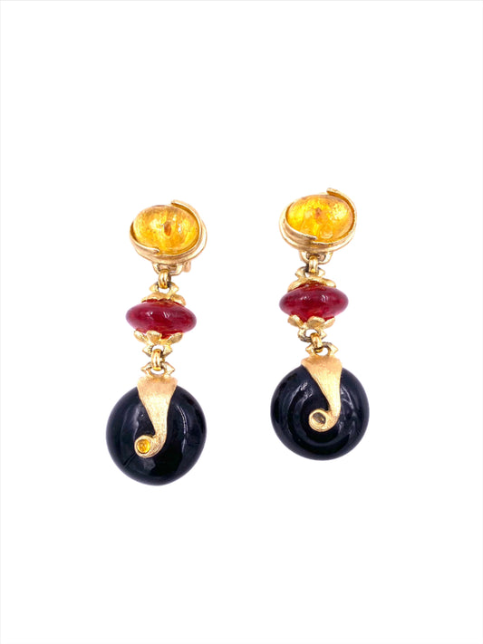 Vintage Cabochon Stone & Gold Dangle Earrings burgundy and black