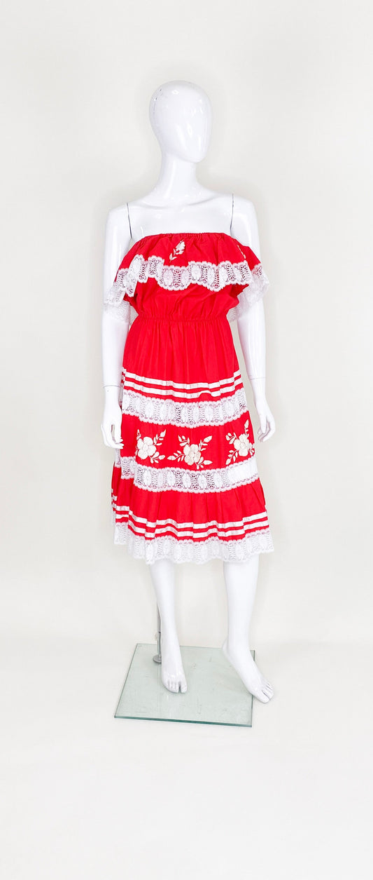 Vintage Red Cotton Mexican dress