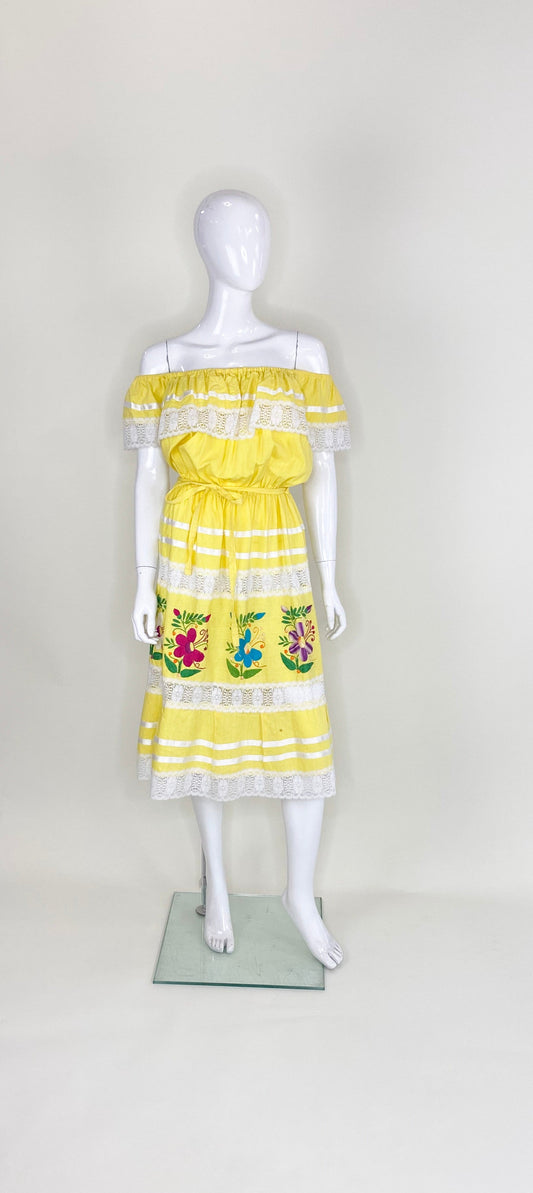 Vintage Yellow Cotton Mexican Dress