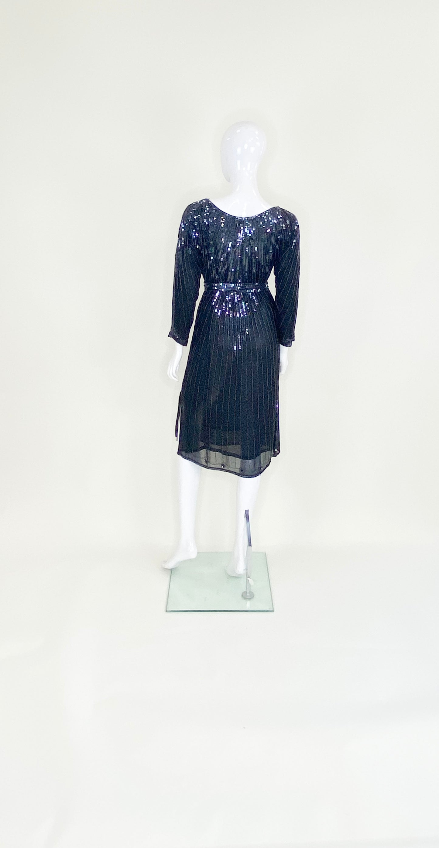 Vintage La Mendola Black Silk W/ Sequin Belted Dress