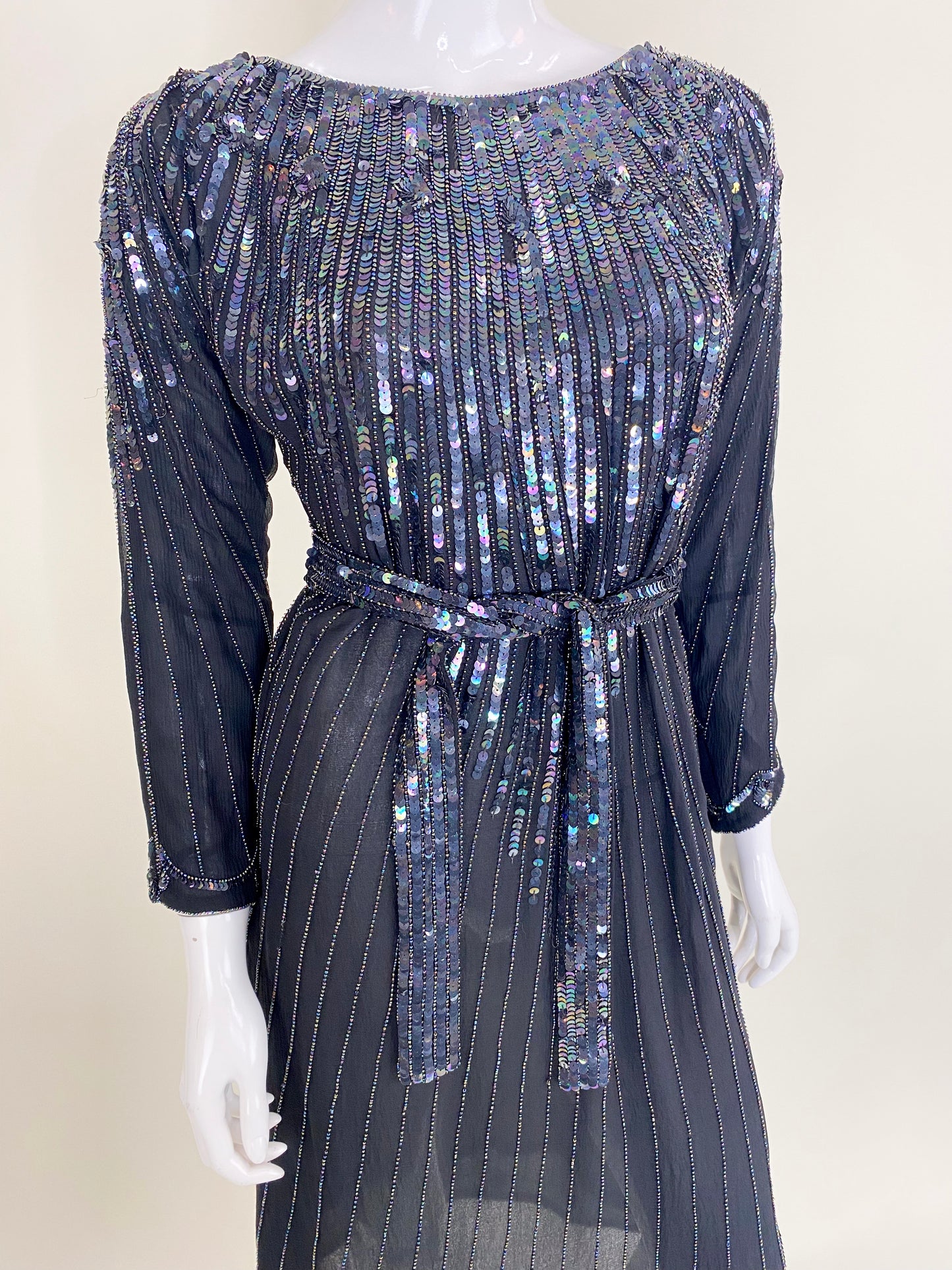 Vintage La Mendola Black Silk W/ Sequin Belted Dress