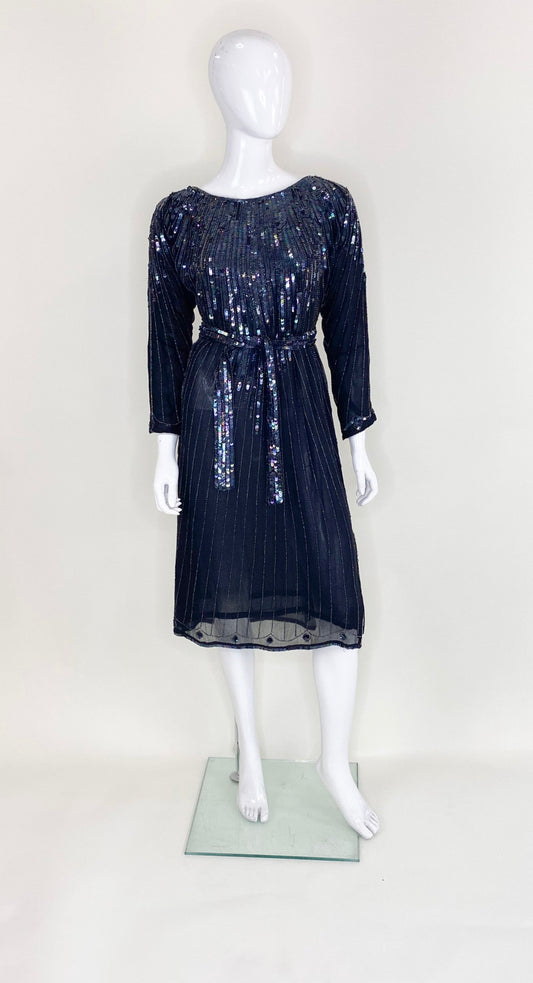 Vintage La Mendola Black Silk W/ Sequin Belted Dress
