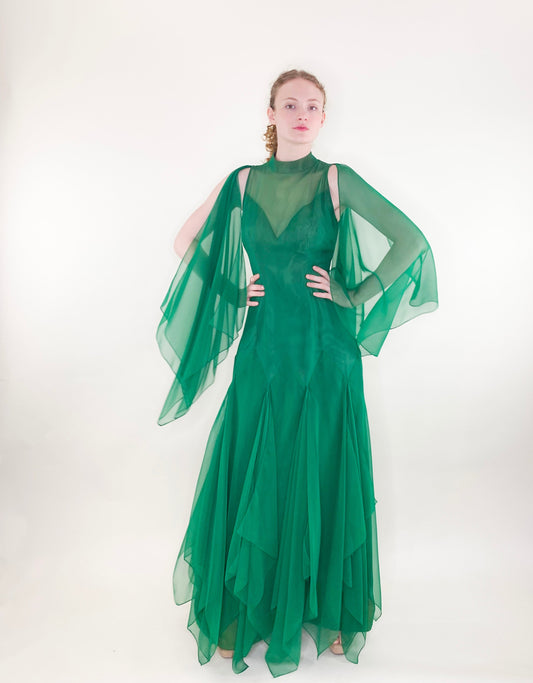 Vintage 1975 Apple Green Chiffon Dress front