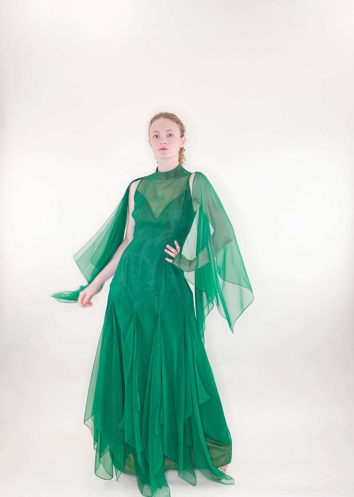 Vintage 1975 Apple Green Chiffon Dress front