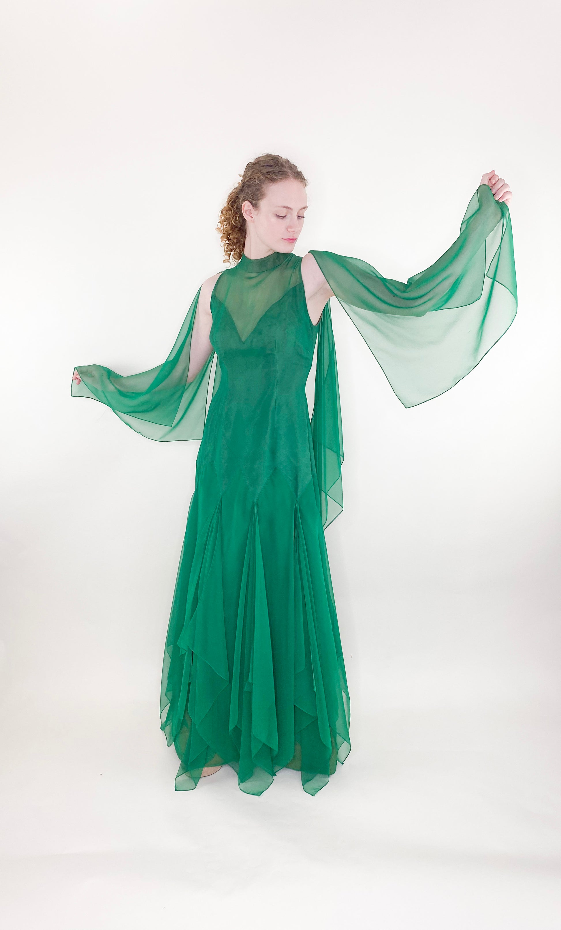 Vintage 1975 Apple Green Chiffon Dress front