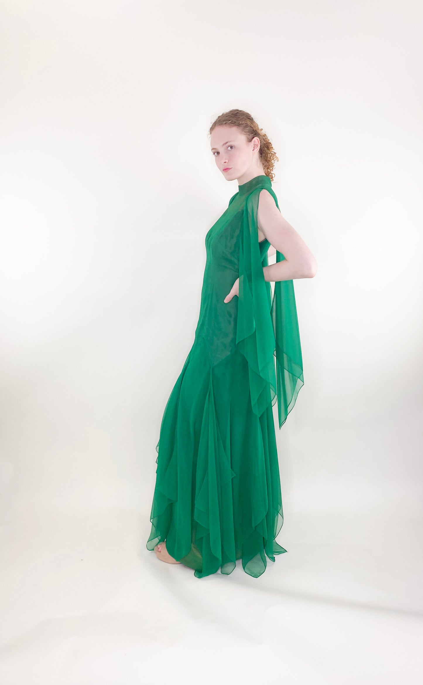 Vintage 1975 Apple Green Chiffon Dress side view