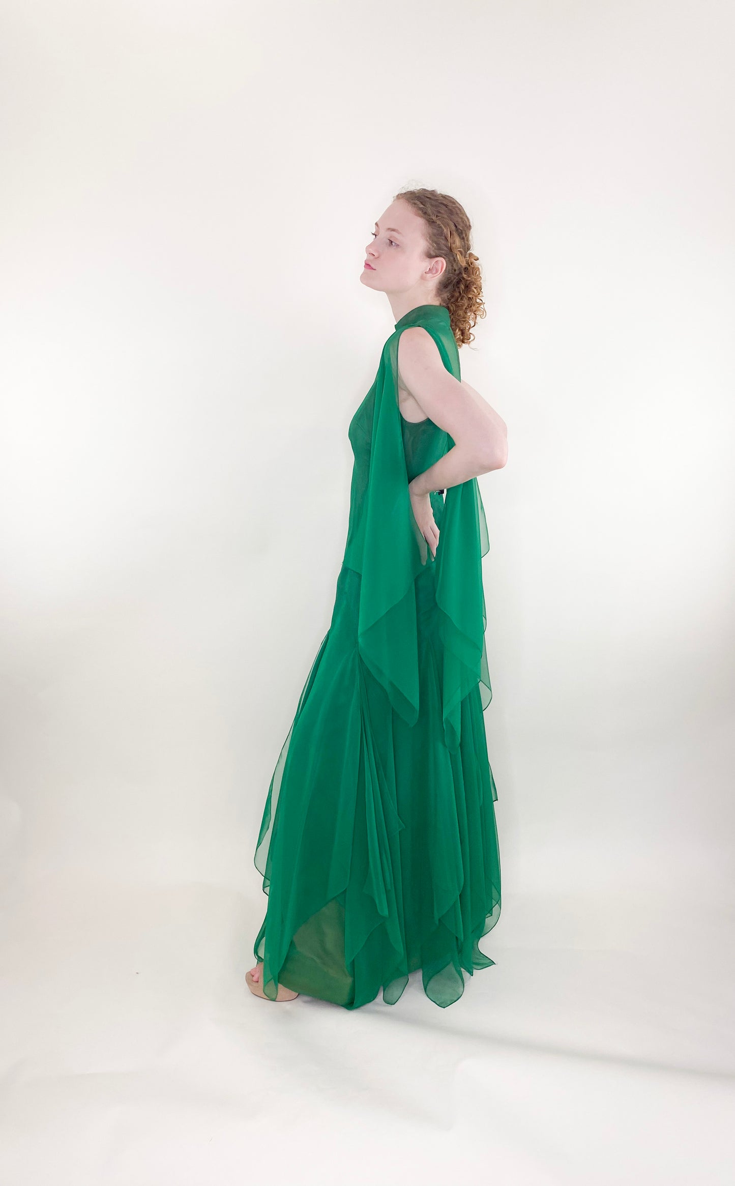 Vintage 1975 Apple Green Chiffon Dress side view