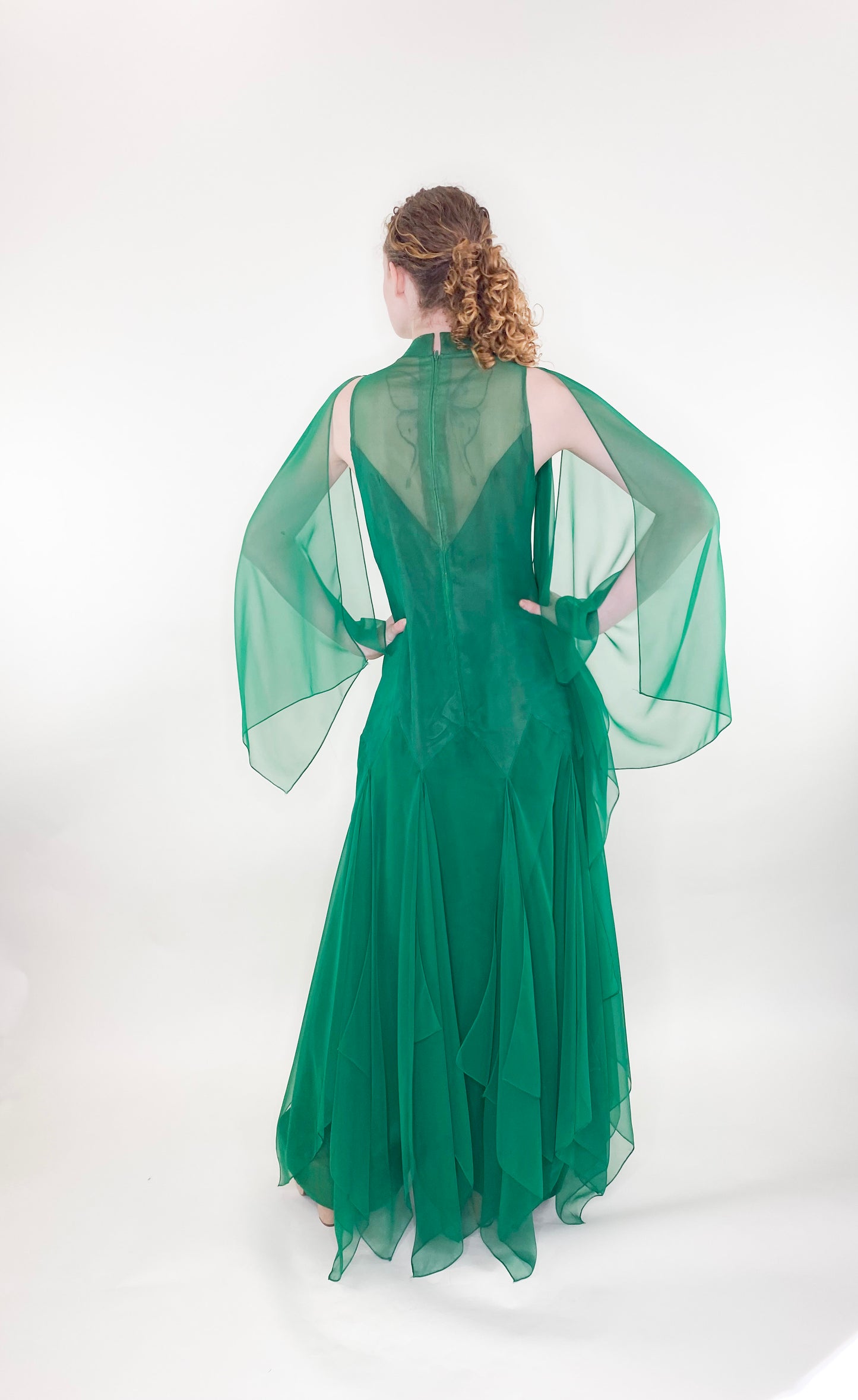 Vintage 1975 Apple Green Chiffon Dress back view