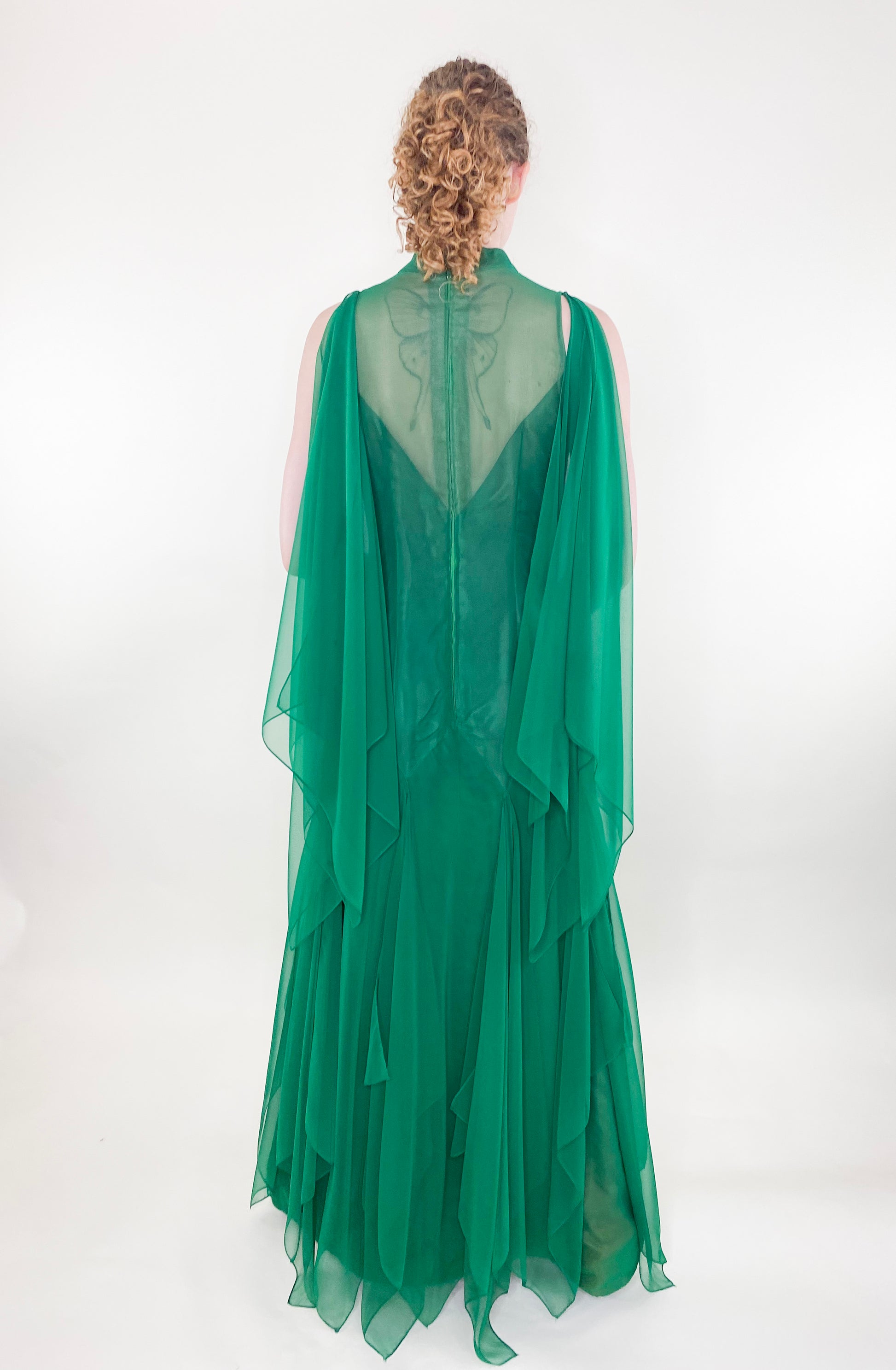 Vintage 1975 Apple Green Chiffon Dress front back view