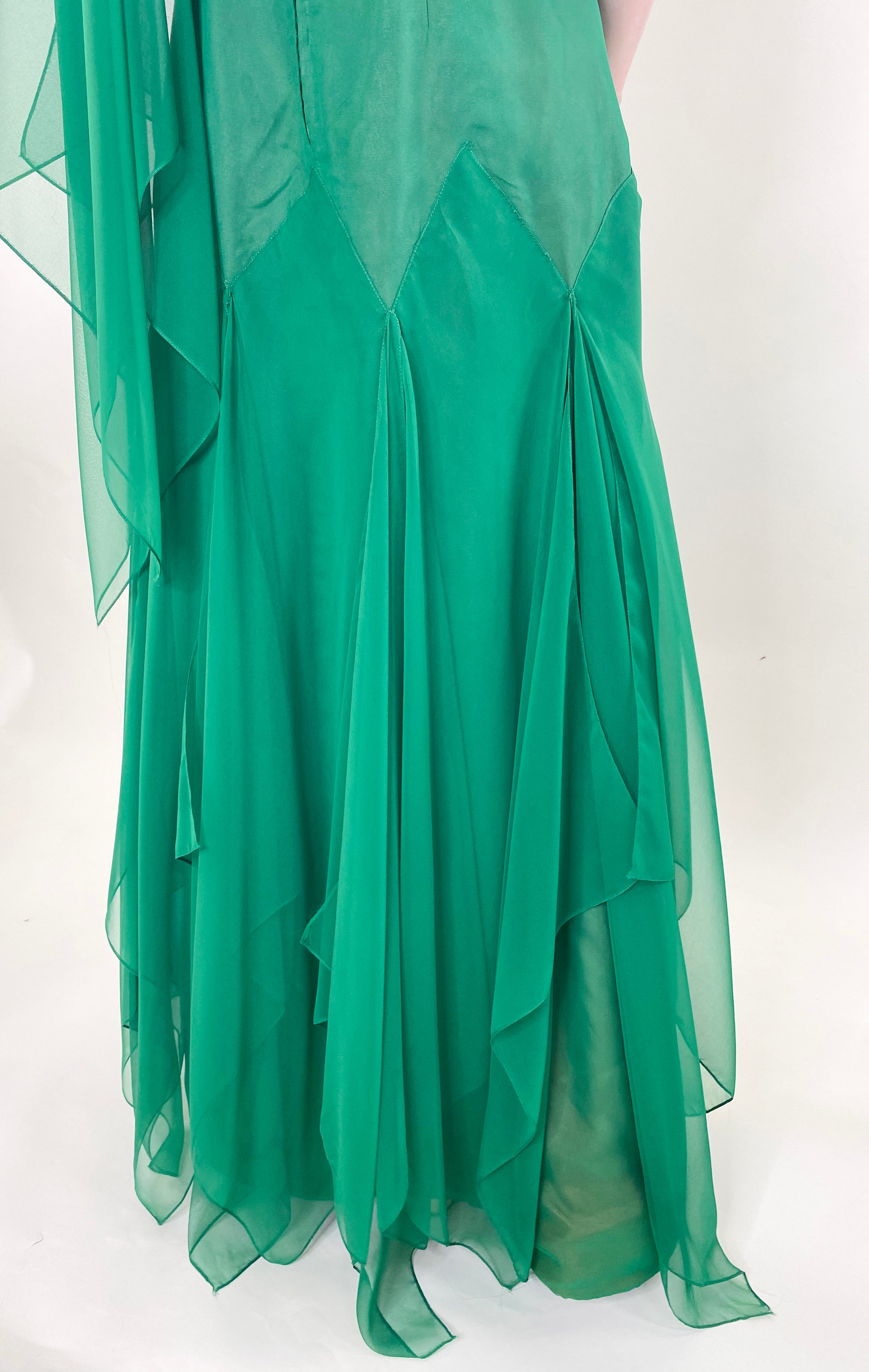 Vintage 1975 Apple Green Chiffon Dress bottom view