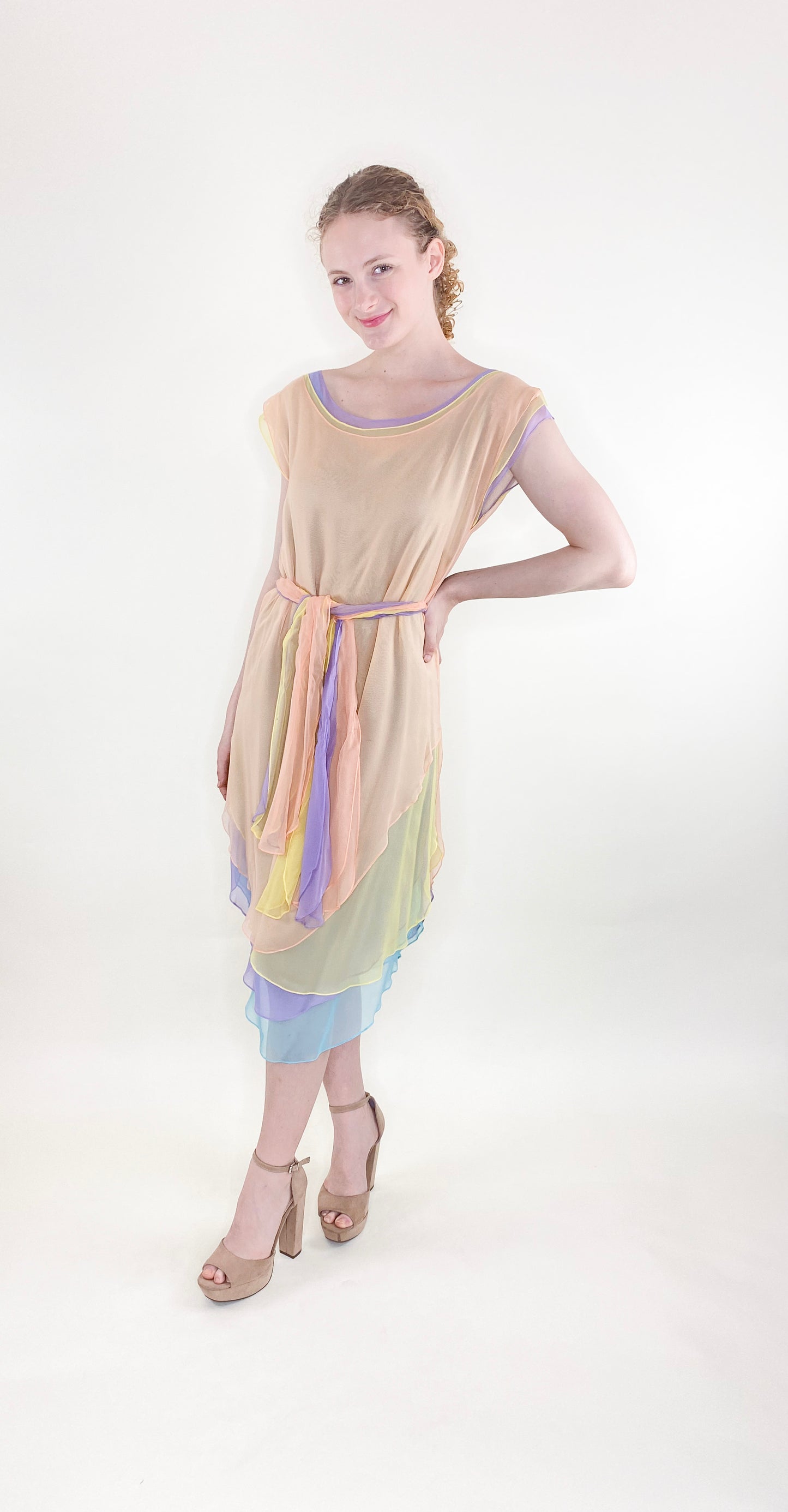 Giorgio Sant Angelo Resort 1983/1984 Multi Pastel Color Chiffon Dress W Belt