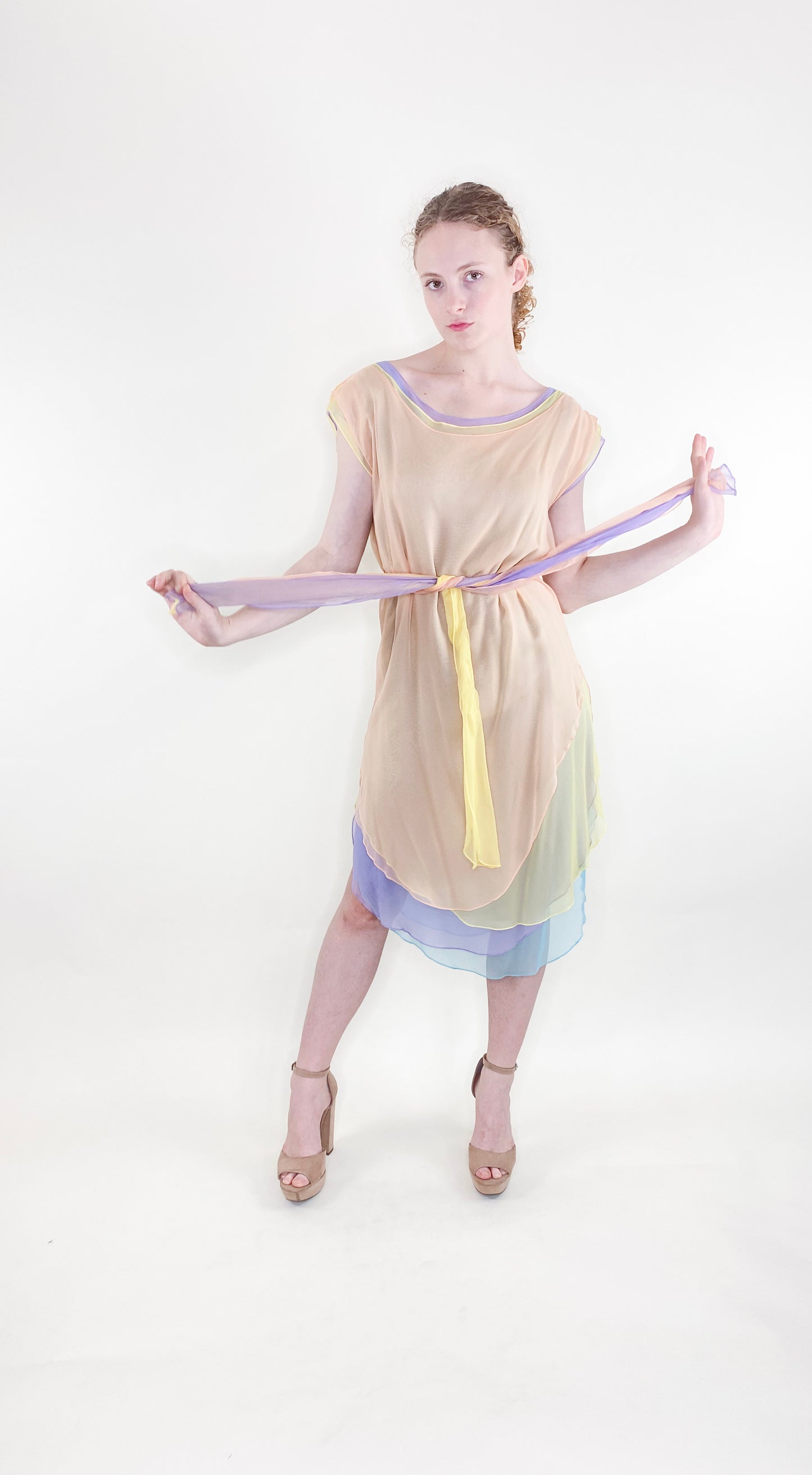 Giorgio Sant Angelo Resort 1983/1984 Multi Pastel Color Chiffon Dress W Belt