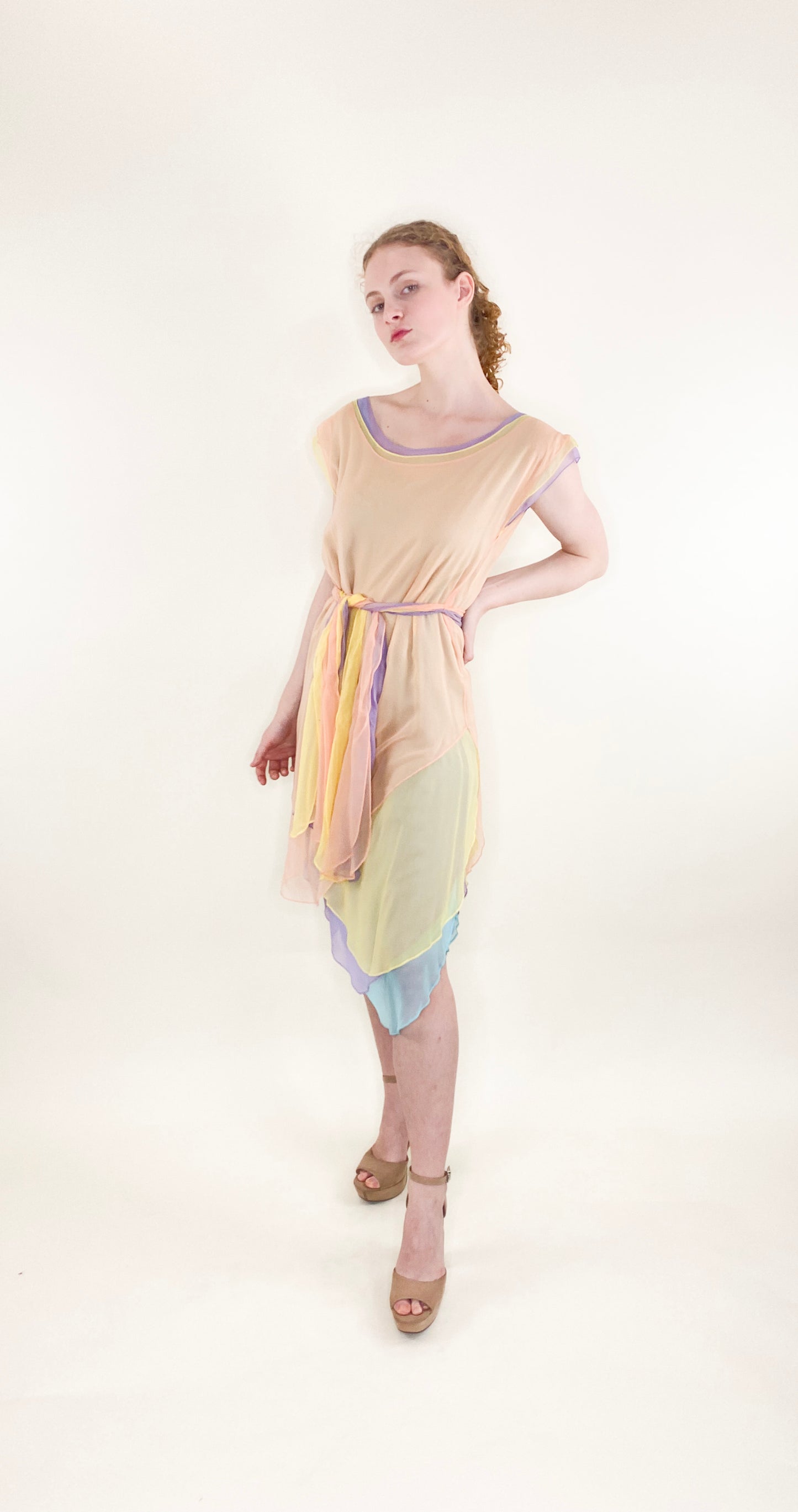 Giorgio Sant Angelo Resort 1983/1984 Multi Pastel Color Chiffon Dress W Belt