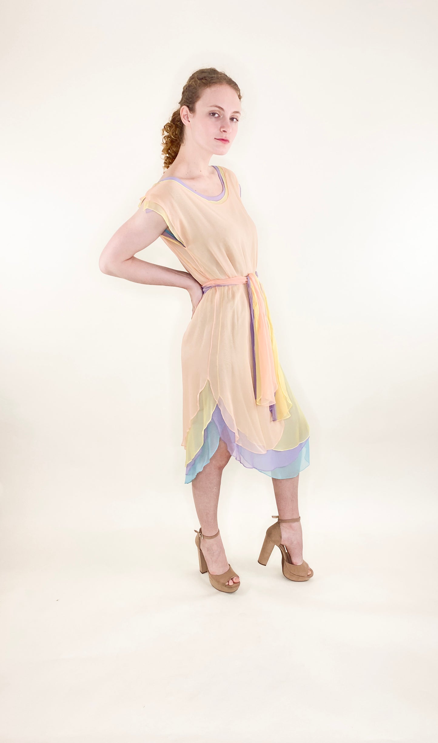 Giorgio Sant Angelo Resort 1983/1984 Multi Pastel Color Chiffon Dress W Belt