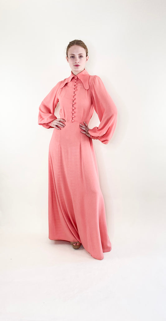 Vintage Ossie Clarke 1970's Salmon Pink Crepe Maxi Dress