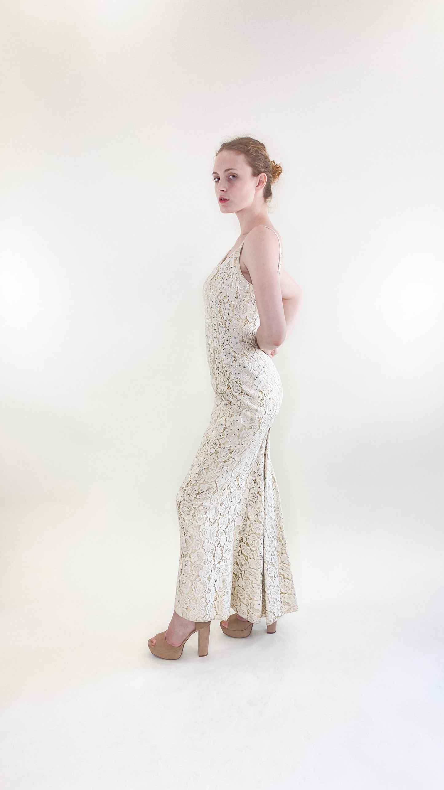 Vintage Mr. Blackwell 1960's White Lace with Lamé & Rhinestone Gown